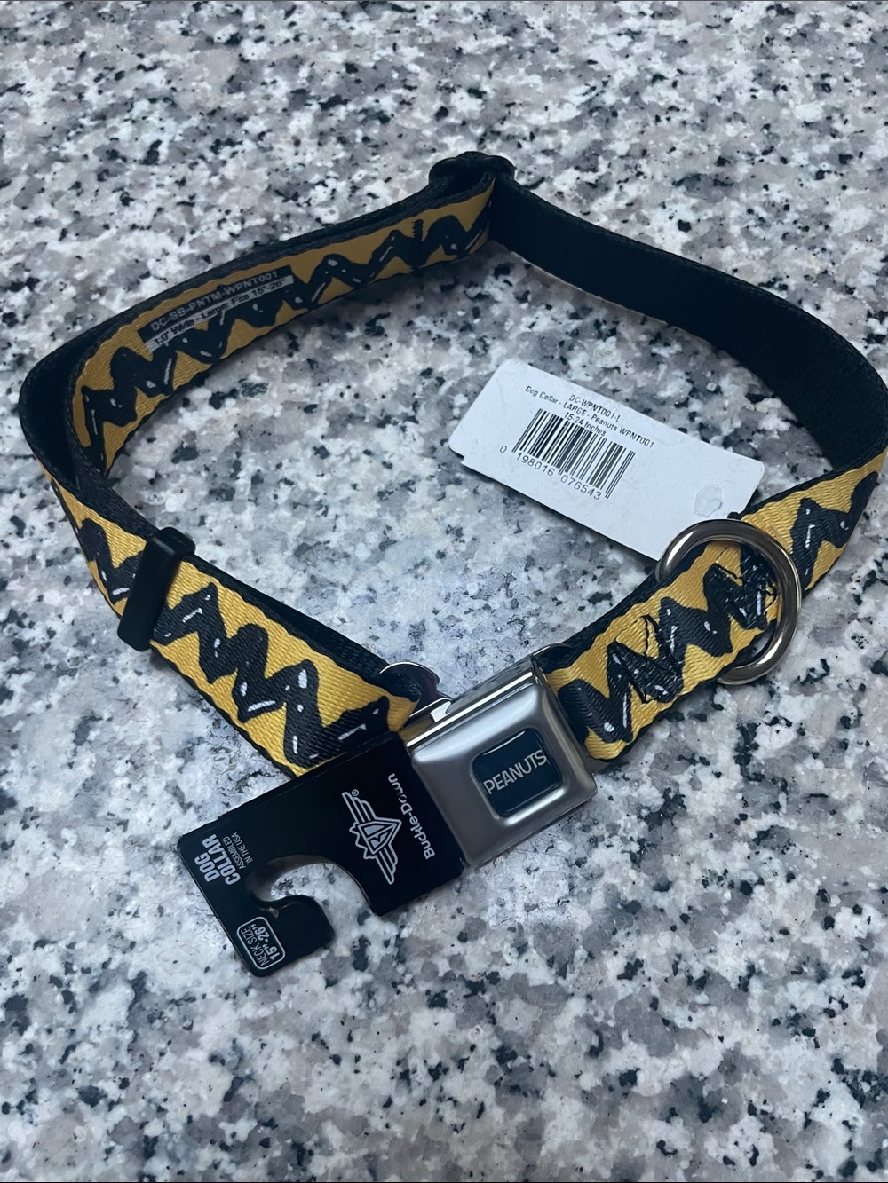 Peanuts Yellow and Black Zigzag Webbing Dog Collar with Metal Buckle